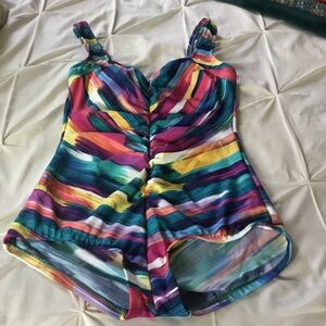 One-Piece Swimdress with Multicolor Stripe Print